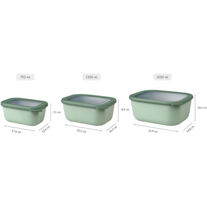 Прямоугольный набор из 3 предметов - Банки для хранения с крышкой - Подходит в качестве ящика для хранения, холодильника, морозильной камеры и посуды для микроволновой печи - 750, 1500 и 3000 мл - (Nordic Green, набор 3 шт. и (750, 1500, 3000 мл))