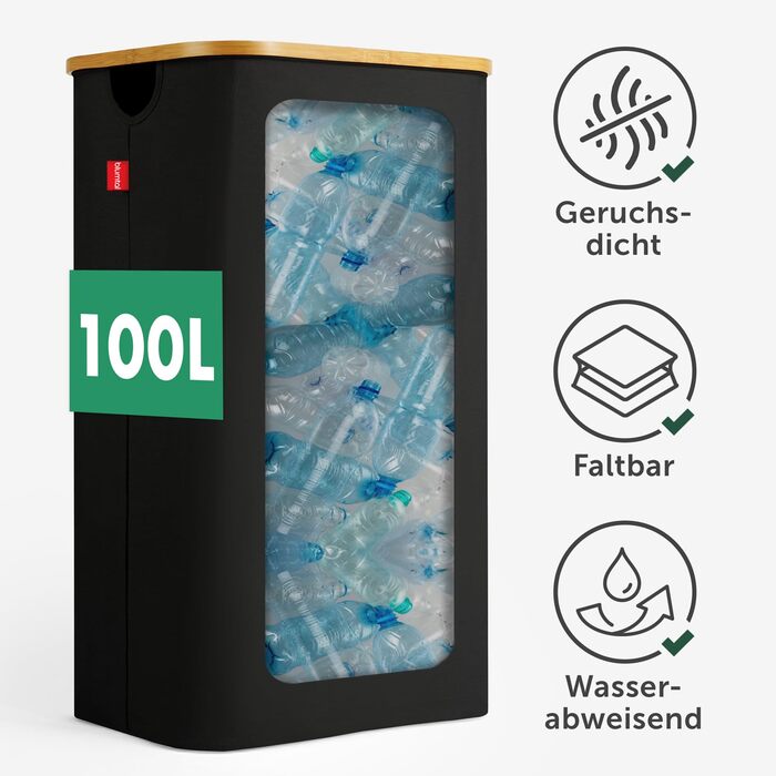 Контейнер для збору пляшок Blumtal Deposit 150 л з 2 відділеннями - Бамбуковий органайзер для пляшок - Збірник порожніх пляшок - Збірник пляшок - Контейнер для збору порожніх пляшок з отвором - Збірник пляшок (чорний, Збірник пляшок - 100 л)