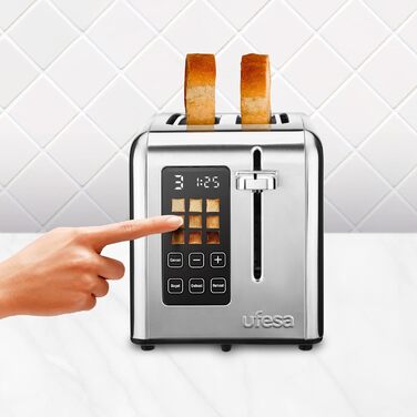 Цифровий майбутній тостер Ufesa з нержавіючої сталі з 2 скибочками, потужність 950 Вт, 9 ступенів підрум'янювання для хліба та бублика, сенсорний екран, функція розморожування