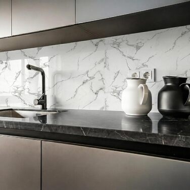 Стінові панелі IZODEKOR під мармур 60x120 см Панель для кухонного фартуха ПВХ-облицювання стін для кухні, ванної кімнати Бризкозахисний екран для кухні Водонепроникний та термостійкий (4 панелі 4 монтажних клею, Carrara)