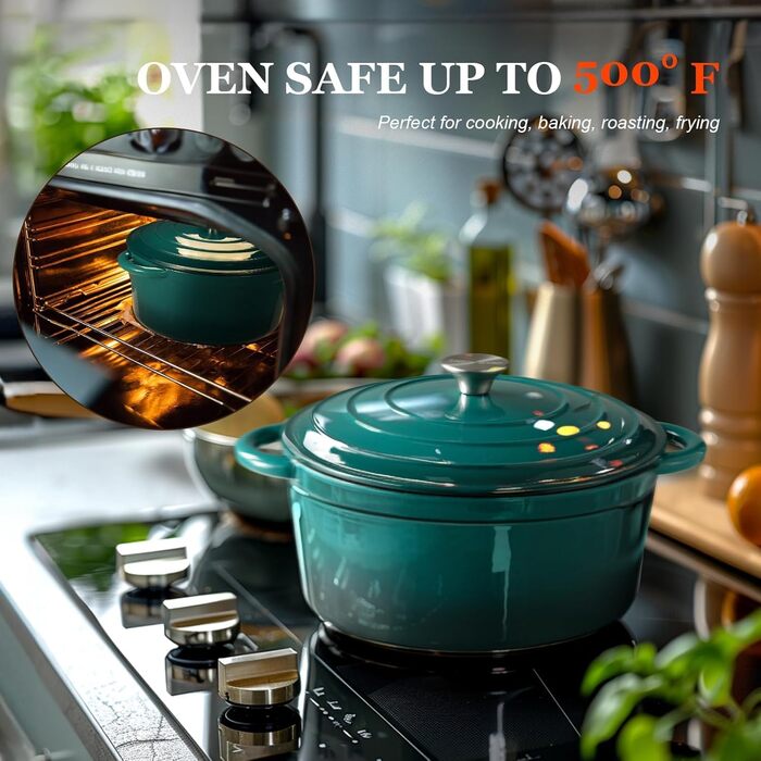 Чавунна форма для запікання Overmont Enamel - 26 см, придатна для використання в духовці, з кришкою та кулінарною книгою - для випікання, тушкування, запікання, білого кремового кольору (26 см-5,2 л, морський блакитний)