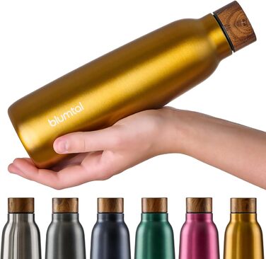 Пляшка для води Blumtal з нержавіючої сталі - Герметична ізольована пляшка - Пляшка для води без бісфенолу А для гарячого та холодного використання - Двостінна ізольована пляшка - Ізоляційна пляшка, стійка до іржі, дерево/срібло (20 - дерево/жовтий, 500 м