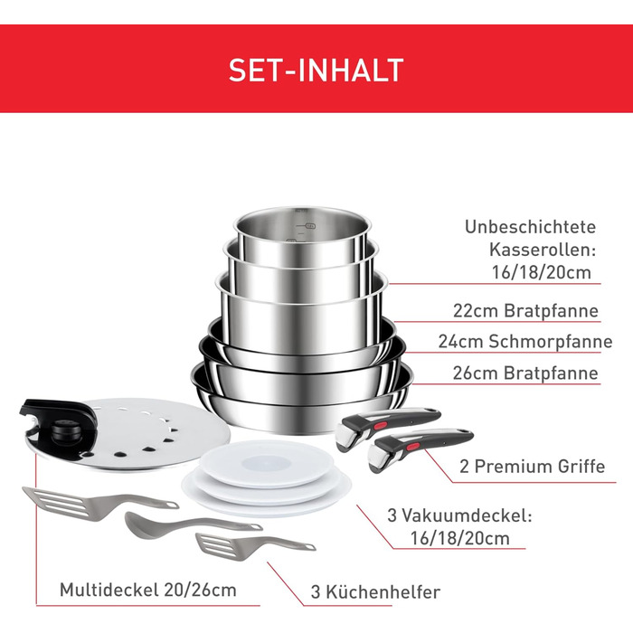 Набір посуду для індукційного приготування Tefal Ingenio Preference On з 15 предметів зі знімною ручкою, що штабелюється, економить місце, з антипригарним покриттям, простий у використанні та чищенні, L97495 Набір посуду для каструль та сковорідок з 15 пр