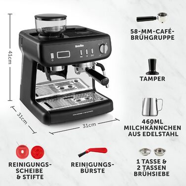 Кавоварка Breville Barista Max з портафільтром Еспресо-машина/кавоварка з вбудованою кавомолкою та спінювачем молока Резервуар для води 2,8 л Італійський насос 15 бар Нержавіюча сталь VCF126 шт. Бариста з кавомолкою (Barista Max з кавомолкою)