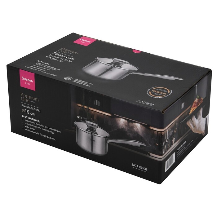 Ковш Fissman PREMIUM ONE 16x9 см/1,6 л со стеклянной крышкой нержавеющая сталь (15090)