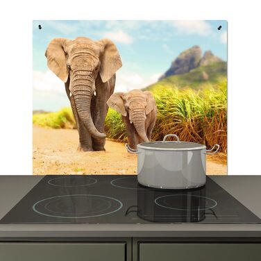 Фартух для плити, кухонний фартух, вініл, 78x52 см, декор для кухні, облицювання стіни, кришка для плити - сіро-чорна (слони - тварини, 52Д x 60Ш см)