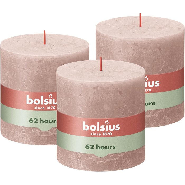 Свічка Bolsius Rustic Pillar XXL - 3 шт. и - 10 x 10 см - Декоративні побутові свічки - Час горіння 62 години - Без запаху - Містить натуральний рослинний віск - Без пальмової олії (світло-рожева)