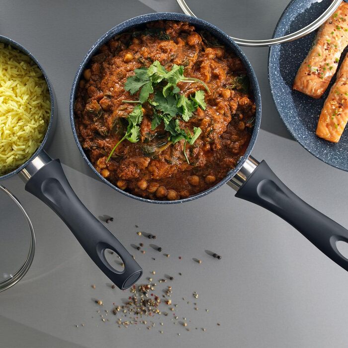 Каструля Russell Hobbs RH00845EU з антипригарним покриттям - 18 см/2 л з кришкою із загартованого скла, індукційна каструля, каструля для овочів/бульйону з бакелітовою ручкою та термостійким зовнішнім покриттям, каструля для приготування Nightfall Stone 1