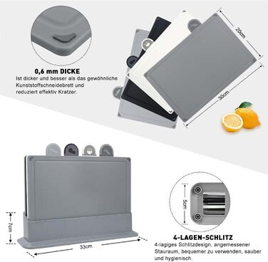 Набір обробних дощок BOCHION, пластикові дошки з іконками продуктів та піддоном, нековзні та без BPA, антибактеріальні дошки для риби, овочів, фруктів, мяса, хліба (набір з 4, чорний, білий, сірий)