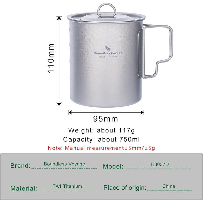 Титановая кружка с крышкой и складной ручкой для кемпинга 750 мл Boundless Voyage