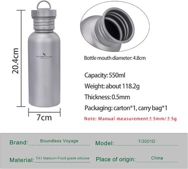Титановая бутылка для кемпинга и походов 550 мл Boundless Voyage