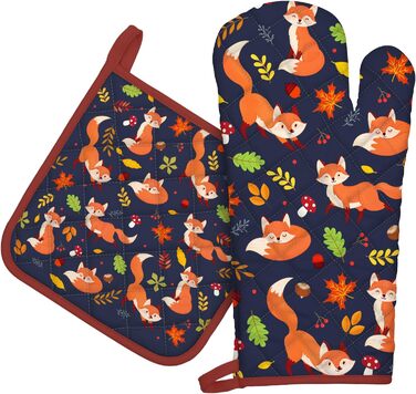 Набір з 2 кухонних рукавиць Arquiel з тримачем для каструлі Gnome Autumn Orange Checked, 100 бавовняні кулінарні рукавички, термостійкі кухонні рукавички для приготування їжі, осінній декор, подарунки для жінок (осіння лисиця, духовка тримач для каструлі)