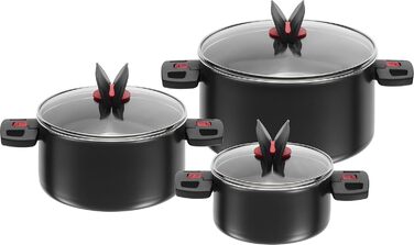 Набір посуду BALLARINI Click Cook із 3 предметів (16 см 20 см 24 см), включаючи 3 скляні кришки, антипригарне покриття, зі складними пластиковими ручками, чорний