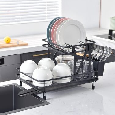 Сушарка для посуду APEXCHASER, 2-рівнева складна сушарка, металева сушарка для посуду з поворотним носиком на 360, тримач для посуду, велика сушарка для посуду для кухонної стільниці 2-ярусна