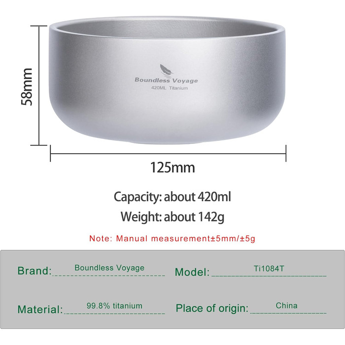 Безмежна подорож Титанова миска з подвійними стінками для дорослих Діти Посуд для кемпінгу на відкритому повітрі Відкрита миска Титанова миска для рису (420 мл-TI15146B.)