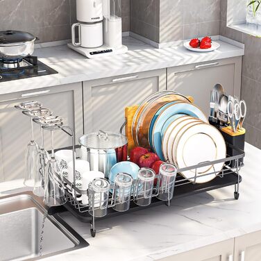 Розширюваний сушарка APEXCHASER, регульована сушарка для посуду, сушарка для посуду з нержавіючої сталі, полиця для посуду зі знімним тримачем для столових приборів, поворотний злив з тримачем чашки, чорний