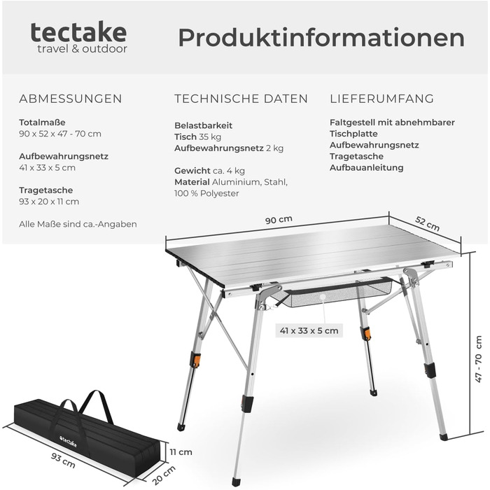 Складной алюминиевый стол для кемпинга 90 x 52 см серебряный tectake