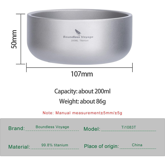 Безмежна подорож Титанова миска з подвійними стінками для дорослих Діти Відкритий кемпінговий посуд Відкрита миска Титанова миска для рису (200 мл-TI15145B.)