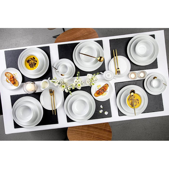 СПІВАЧКА Столовий сервіз New Port білий, порцеляновий набір посуду на 86 предметів на 12 персон, повний комплект, набір тарілок білого кольору (пластівці 6 шт.)