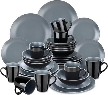 Столовый сервиз из керамогранита, набор посуды vancasso MODA, винтажный вид, комбинированный сервиз из 40 предметов с 8 тарелками, тарелками для тортов, суповыми тарелками, мисками и чашками каждая (темно-серый Lento, 32 шт.)