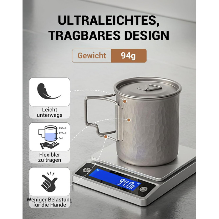 Туристическая кружка из титана с крышкой и складной ручкой 450 мл COOK'N'ESCAPE