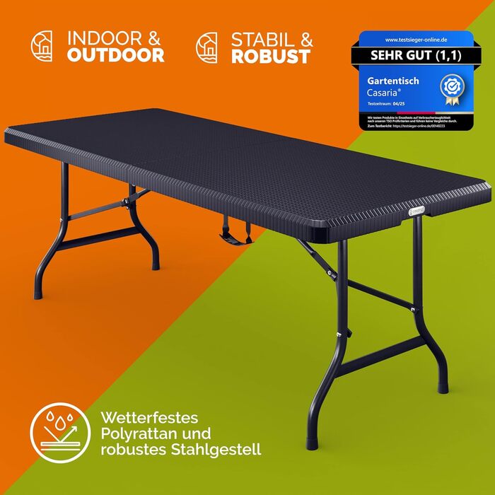 Складний стіл 180x75 см чорний з ротанга Casaria