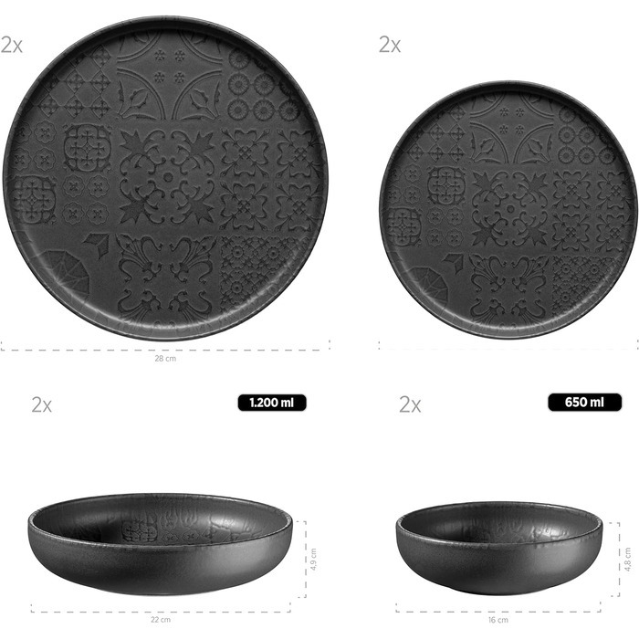 Современный винтажный набор посуды на 2 персоны в мавританском дизайне с матовой глазурью, обеденный сервиз из 8 предметов с тарелками и мисками из высококачественной керамики, керамогранита, черного цвета, 934064 Series Tiles
