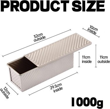 Форма для випікання тостового хліба 1000 г з кришкою, 32 x 12 x 11 см, золотистий Biluer