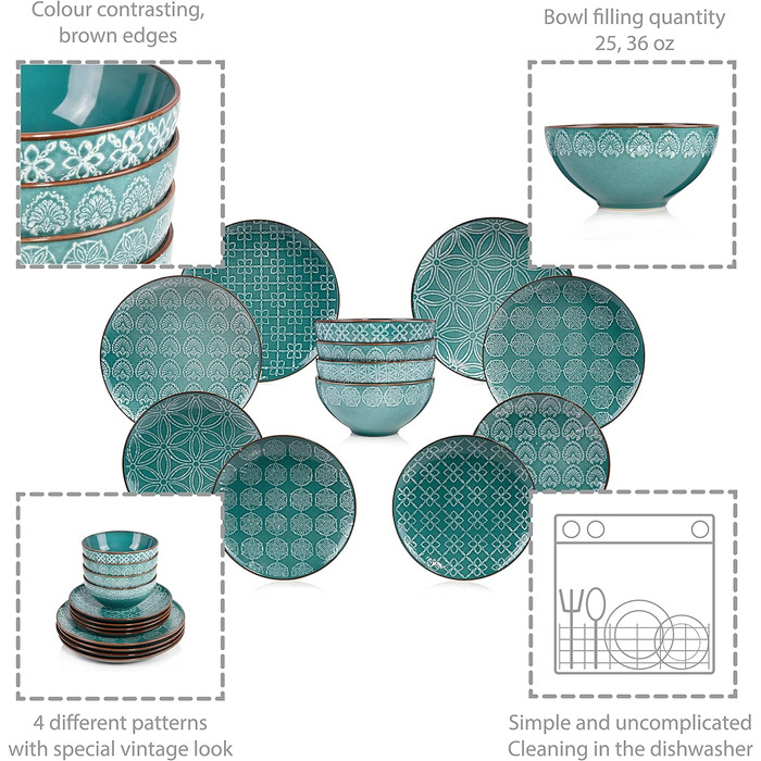 ПЕВЕЦ Столовый сервиз из керамогранита Faro, набор посуды из 12 предметов на 4 персоны, комбинированный сервиз с уникальным цветочным узором 12 предметов.