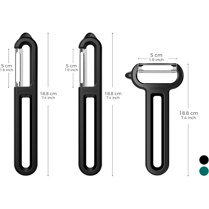 Овочечистка Linoroso 3PCS із загостреними кінчиками, Y-подібне гладке, зубчасте та жульєнове лезо для чищення та зачистки фруктів та овочів, гострота, гладкість та зручний хват - зелений (чорний I-гладкийзубчастий Y-подібний смужка)
