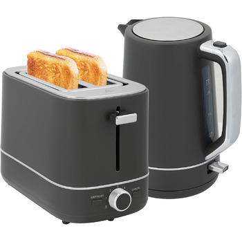 Комплект чайника та тостера HOMCOM 2200 Вт 1,7 л, тостер на 2 скибочки, 6 рівнів підсмажування, функції розігріву та розморожування, набір для сніданку з фільтром від накипу та піддоном для крихт, термостат Otter UK (сірий)