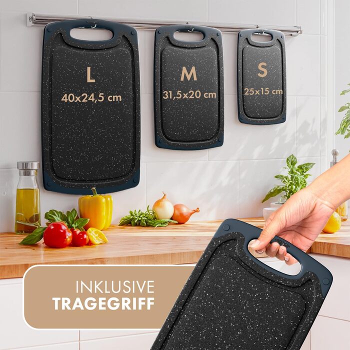 Набір обробних дощок Blumtal 3 розміри (S/M/L) - Велика пластикова обробна дошка з пазами для соку та ручкою - Без бісфенолу А, міцна кухонна обробна дошка, чорна, набір з 3 предметів