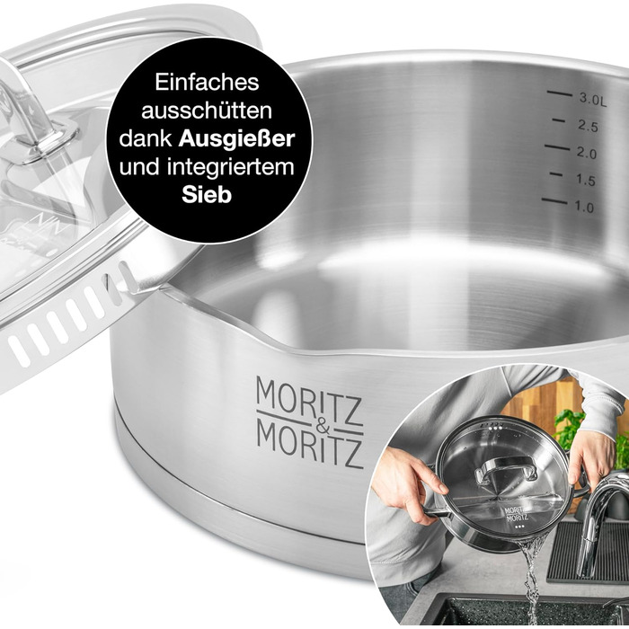 Сервірувальна сковорода з нержавіючої сталі Moritz & Moritz з кришкою 28 см - Підходить для всіх типів плит - Масштаб до 4 л - Вбудоване сито в кришці - Індукційна каструля для смаження, тушкування та подачі (Ø 24 см)