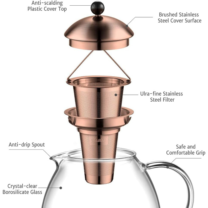 Серебряный чайник из гласстального стекла 1500 мл с ситечком для чая из нержавеющей стали 18/8 Чайник из боросиликатного стекла Стеклянный чайник, подходящий для подогревателя чая (1500 мл, бронзовый чайник типа 7)