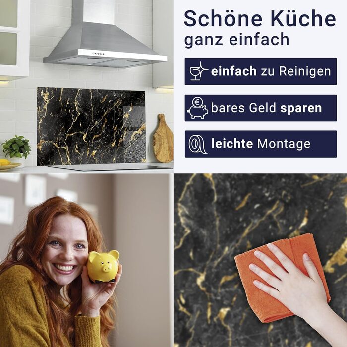 Фартух для плити timalo, настінна раковина, кухонний фартух, скляний вигляд Акрилове скло 2 мм Скляний фартух, акрилові скляні кухонні панелі, захисна панель для фартуха Мармурове біле золото (60x52 см, 67- Мармурове чорне золото)