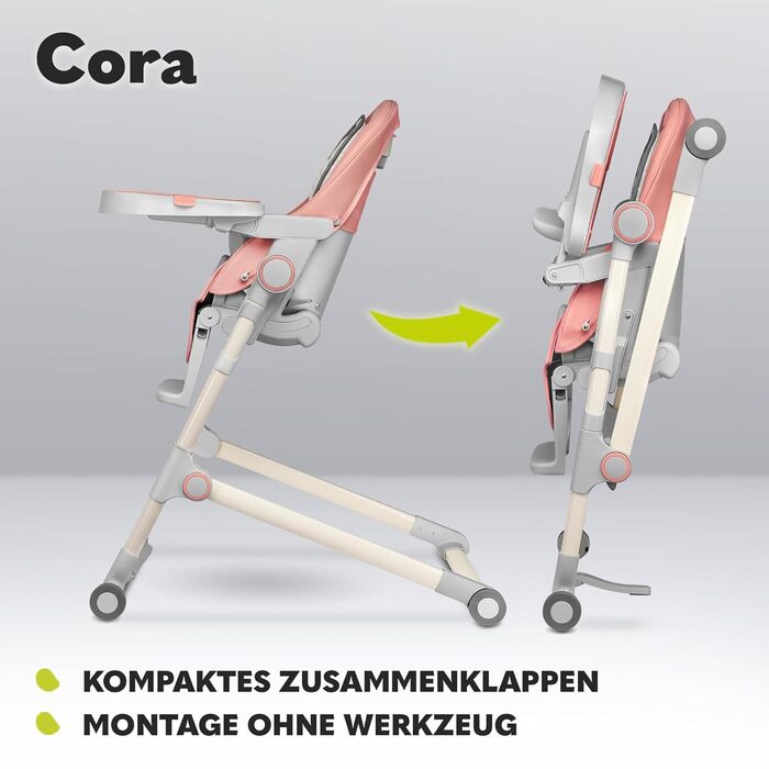 Стільчик для годування LIONELO Cora, регульований стільчик для годування, знімний піднос, нековзний, від 6 до 36 місяців, 5-точковий ремінь безпеки, максимальне навантаження 15 кг (рожевий, стандартний)