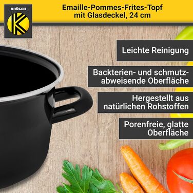 Эмалированная кастрюля 3,5 л для картофеля фри со ставкой-ситом и стеклянной крышкой 24 см, черная Krüger