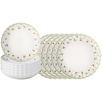 Набір для сніданку &quotВеликодня насолода&quot для 2 осіб, 6 предметів, зелений, Великодній набір з обідніми тарілками, кухлями та мисками для пластівців, Великодні керамічні тарілки, чашки та миски, преміум-порцеляна (Набір столів 6 осіб)