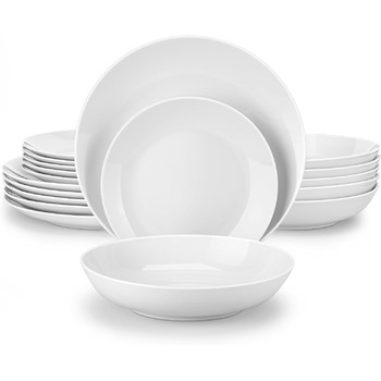 Серія Amelia, порцеляновий набір посуду на 6 персон, порцеляновий столовий сервіз, білий комбінований сервіз преміум-класу, з 6 обідніми тарілками, 6 тарілками для тортів, 6 глибокими тарілками та 6 мисками кожна. Набір посуду на 6 (18, білий)