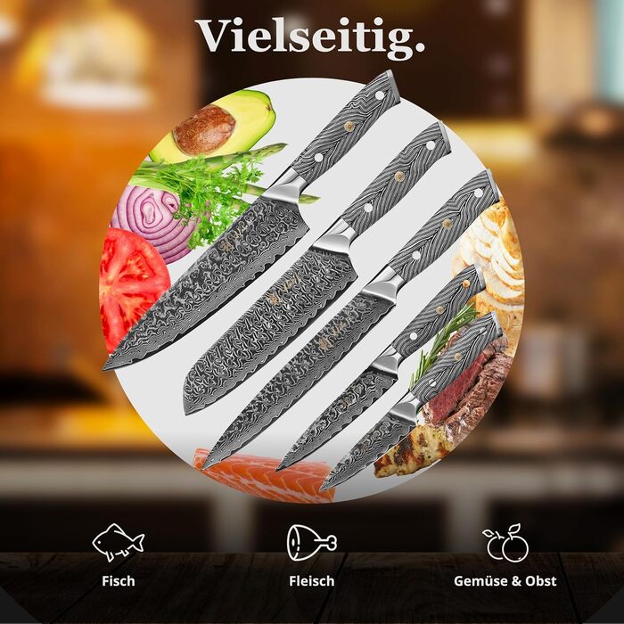 Кулінарний набір ножів з дамаської сталі Sycamore (6 предметів) 67 шарів, ядро з VG10, твердість 602 HRC, ручки з клена, хлібний ніж із серрейторною заточкою, магнітний тримач для ножів, професійні кухонні ножі для точного нарізання (Чорно-білий)