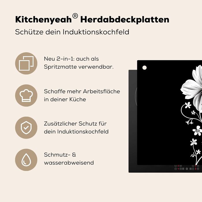 Фартух для плити, кухонний фартух, вініл, 78x52 см, декор для кухні, облицювання стіни, кришка для плити - сіро-чорна (квітка - чорна, 52Д x 60Ш см)