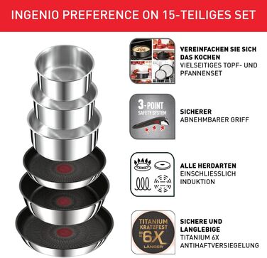 Набір посуду для індукційного приготування Tefal Ingenio Preference On з 15 предметів зі знімною ручкою, що штабелюється, економить місце, з антипригарним покриттям, простий у використанні та чищенні, L97495 Набір посуду для каструль та сковорідок з 15 пр