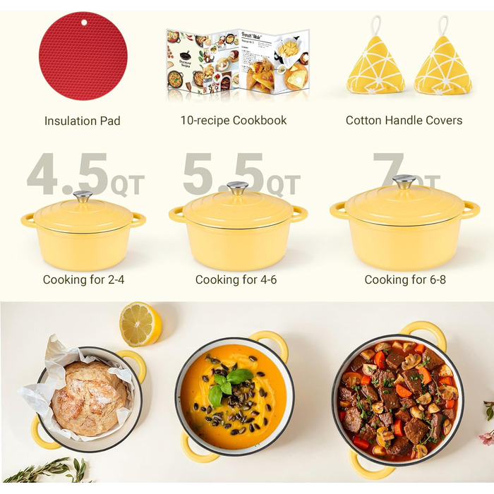Чавунна форма для запікання Overmont Enamel - 26 см, придатна для використання в духовці, з кришкою та кулінарною книгою - для випікання, тушкування, запікання, білого кремового кольору (26 см-5,2 л, гусячий жовтий)