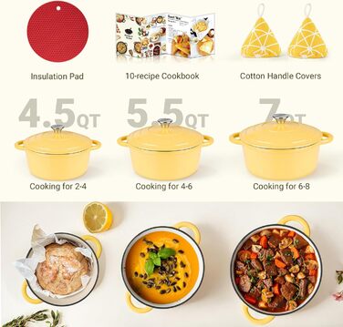 Чавунна форма для запікання Overmont Enamel - 26 см, придатна для використання в духовці, з кришкою та кулінарною книгою - для випікання, тушкування, запікання, білого кремового кольору (26 см-5,2 л, гусячий жовтий)