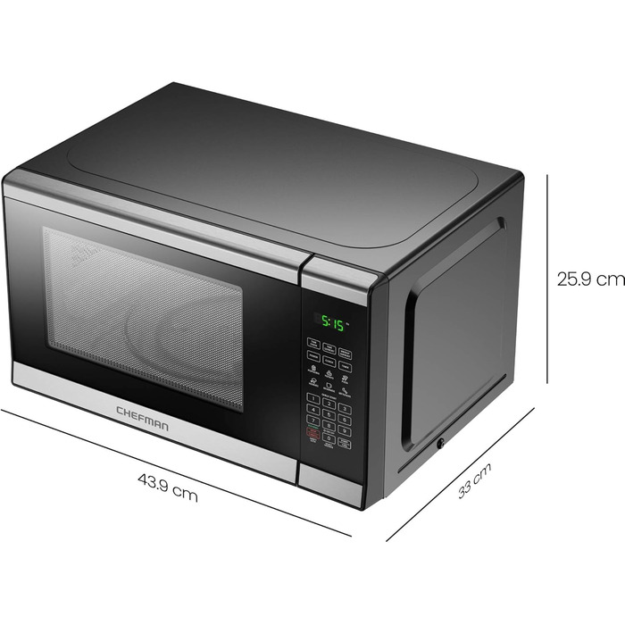 Мікрохвильова піч Chefman 20 л 800 Вт 6 попередньо встановлених налаштувань 10 рівнів потужності Цифровий дисплей Еко-режим Функція пам&39яті Вимкнення звуку Блокування від дітей Нержавіюча сталь