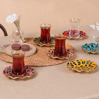 Чайный сервиз KARACA Leaf на 6 персон - 12 предметов Турецкие чайные чашки и блюдца, набор турецких чайных бокалов с золотыми деталями 150 мл (Leona)