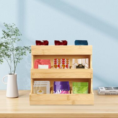 Тримач для чайних пакетиків з бамбука Qussse, 9 відділень, 3 рівні, органайзер для зберігання чайних пакетиків для дому, офісу, кафе, чайних будиночків