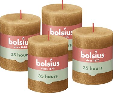 Свічки Bolsius Rustic Pillar - Оливково-зелені - Набір з 4 шт. - Декоративні побутові свічки - Час горіння 60 годин - Без запаху - Натуральний рослинний віск - Без пальмової олії - Оливково-зелені (8 x 7 см, охра-жовті)