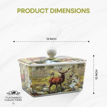 Маслянка з кришкою, китайська кераміка, з гарними акварельними мотивами, дизайн якої розроблено галереєю Дженніфер Роуз для Busy Bees (біла з ілюстрацією оленя натурального кольору)