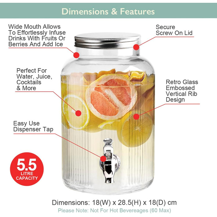 Скляний диспенсер для напоїв з краном 5,5 л The Vintage Company